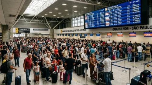Passageiros no aeroporto pesquisando quantas milhas são necessárias para uma viagem.
