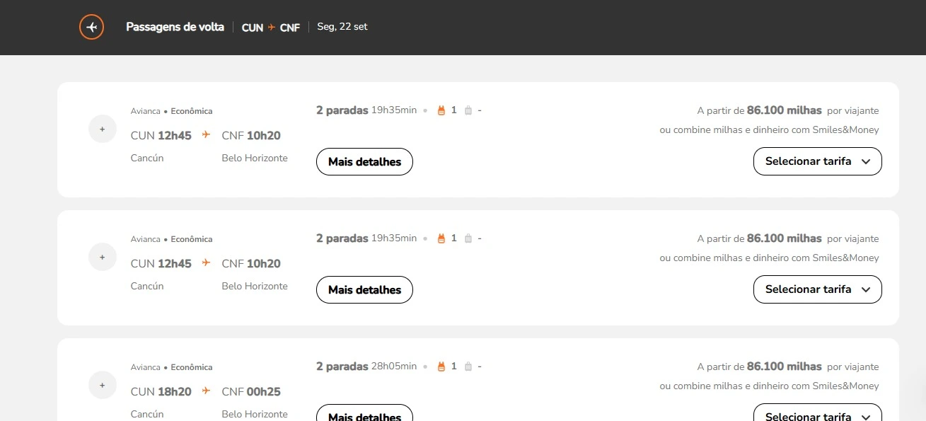 Veja a pesquisa feita diretamente no site da Smiles para passagem de volta.