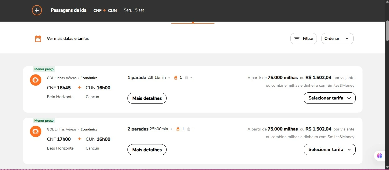 Quantas milhas preciso para viajar: Veja a pesquisa feita diretamente no site da Smiles para passagem de ida.