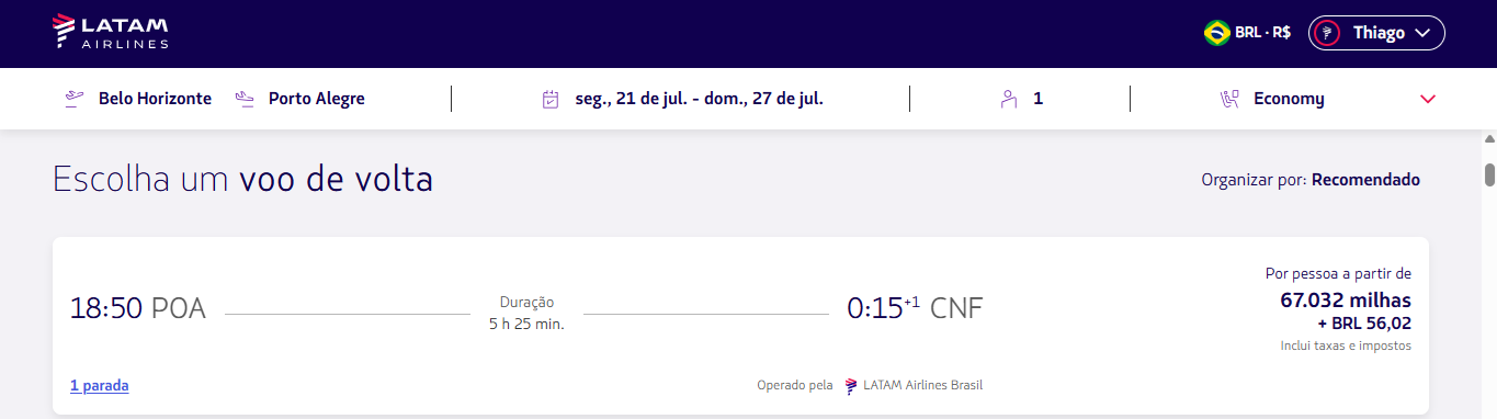 Pesquisa feita diretamente na companhia aérea Latam passagem de volta