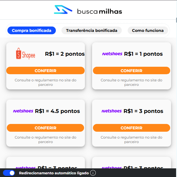 Exemplo compra bonificada utilizando a extensão do Busca Milhas.