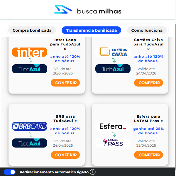 Exemplo de transferência bonificada utilizando a extensão do Busca Milhas.