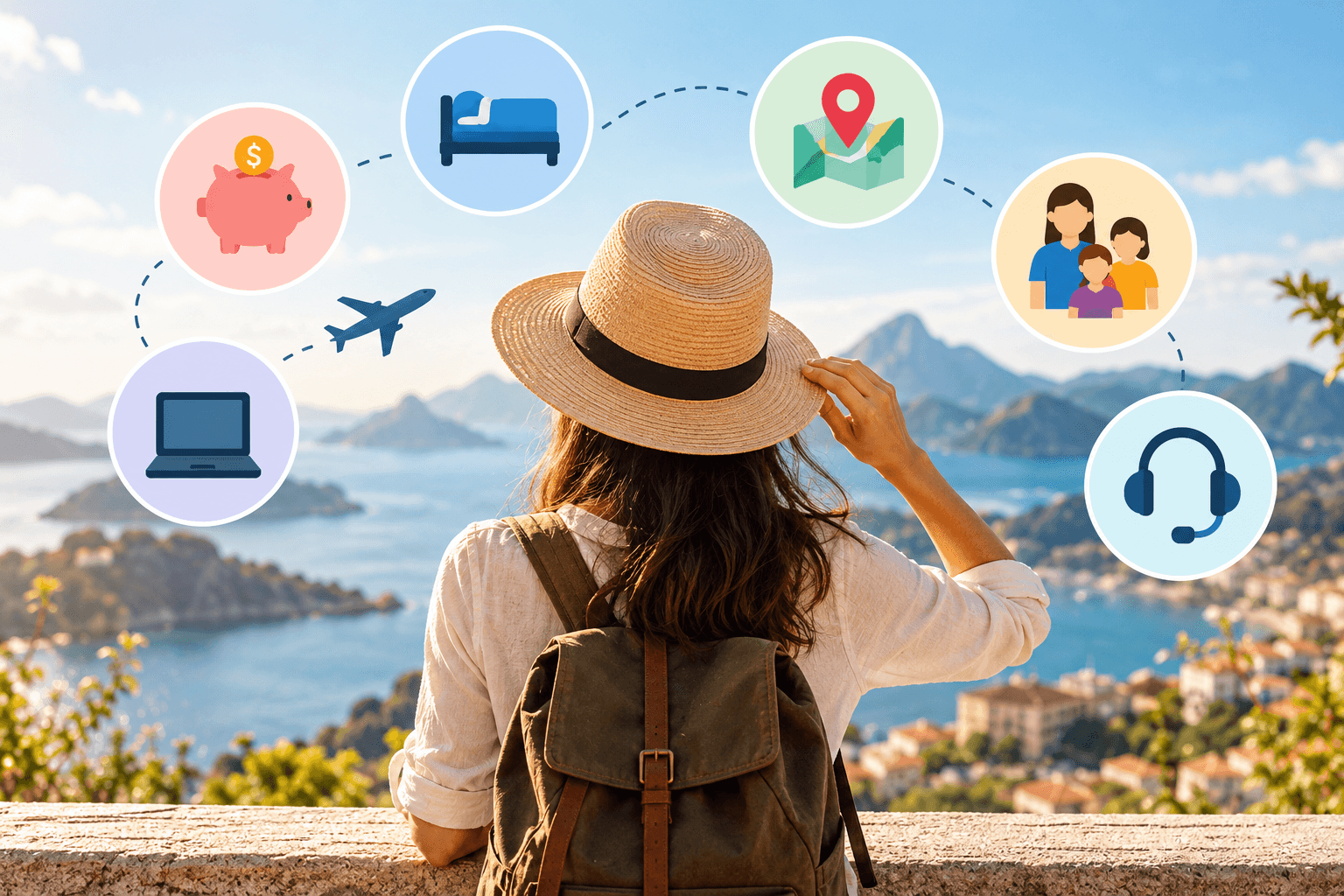 Perfil do turista: viajante observando paisagem litorânea e ícones de prioridades de viagem.